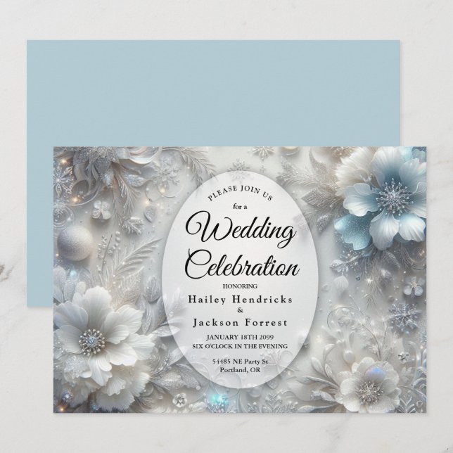 Snowy Petals in Frozen Bloom Wedding Invitation (Front/Back)