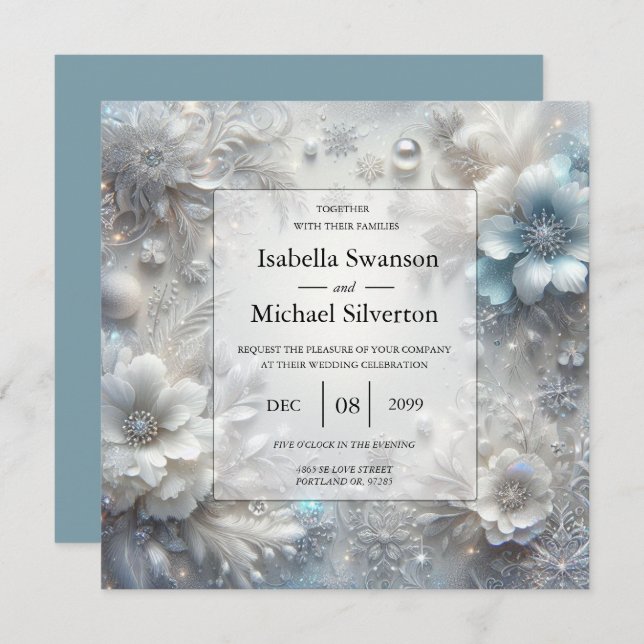 Snowy Petals in Frozen Bloom Wedding Invitation (Front/Back)