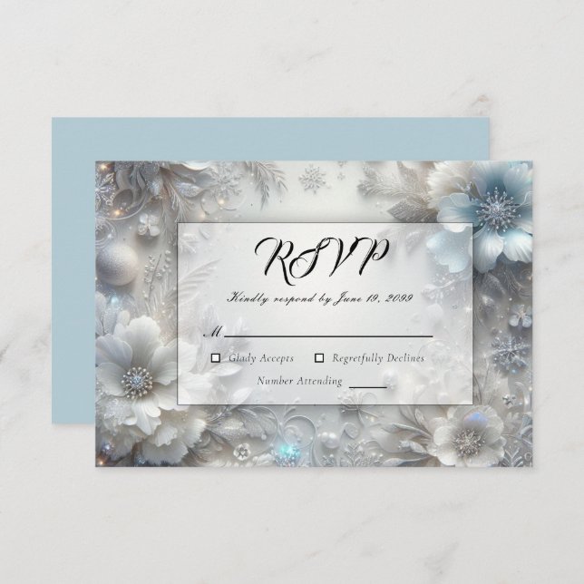 Snowy Petals in Frozen Bloom Wedding RSVP Card (Front/Back)