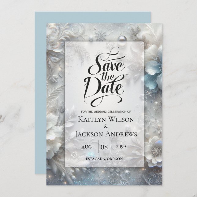 Snowy Petals in Frozen Bloom Wedding Save The Date (Front/Back)