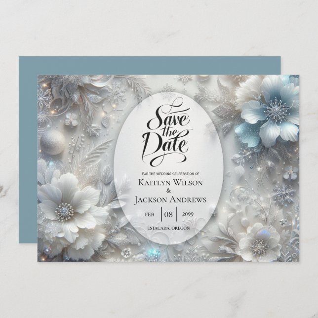 Snowy Petals in Frozen Bloom Wedding Save The Date (Front/Back)