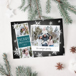 Snowy Photobooth Holiday Photo Collage Card<br><div class="desc">Cute holiday photo card features a photo booth strip with two photos and a spruce green text panel,  plus an instant camera-inspired snapshot with a handwritten caption. Personalise with the year and your family name or custom message,  on a rustic chalkboard background dotted with hand drawn white snowflakes.</div>