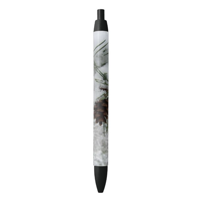 Snowy Pine Branch Winter Nature Photography Black Ink Pen (Front Vertical)