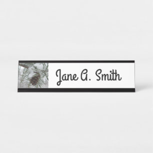 Snowy Pine Branch Winter Nature Photography Desk Name Plate