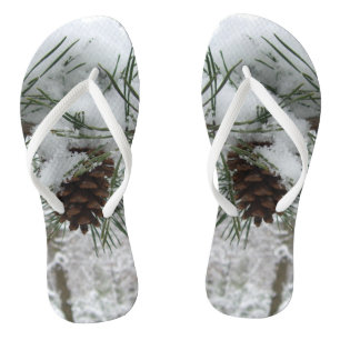 Snowy Pine Branch Winter Nature Photography Flip Flops