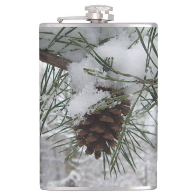 Snowy Pine Branch Winter Nature Photography Hip Flask (Front)
