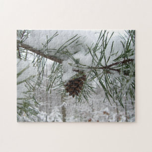 Snowy Pine Branch Winter Nature Photography Jigsaw Puzzle