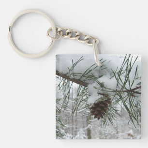 Snowy Pine Branch Winter Nature Photography Key Ring