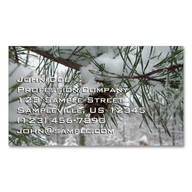 Snowy Pine Branch Winter Nature Photography Magnetic Business Card (Front)