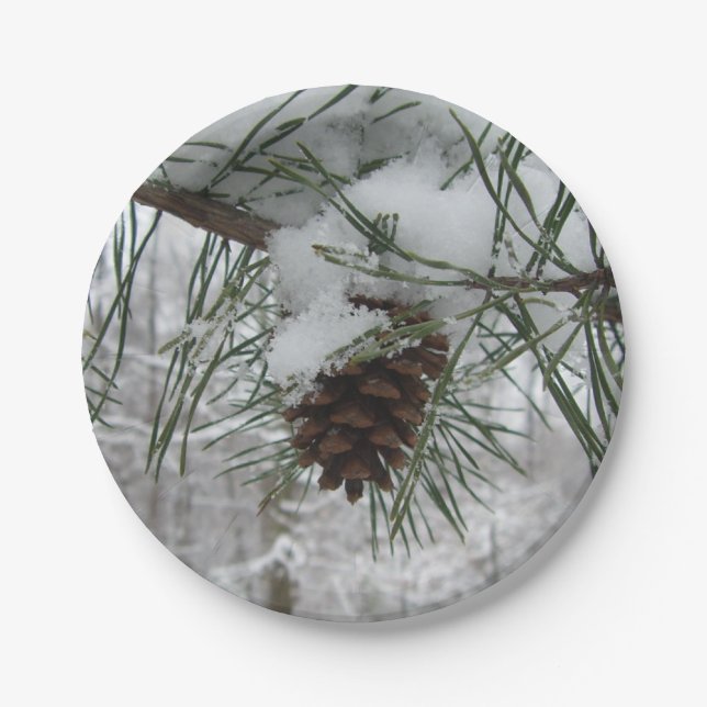 Snowy Pine Branch Winter Nature Photography Paper Plate (Front)