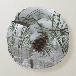 Snowy Pine Branch Winter Nature Photography Round Cushion