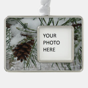 Snowy Pine Branch Winter Nature Photography Silver Plated Framed Ornament