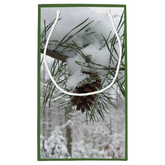 Snowy Pine Branch Winter Nature Photography Small Gift Bag (Back)