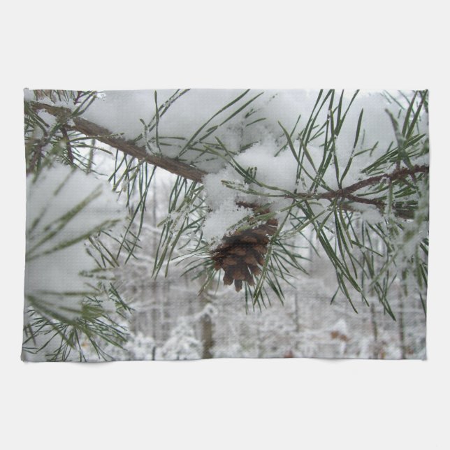 Snowy Pine Branch Winter Nature Photography Tea Towel (Horizontal)