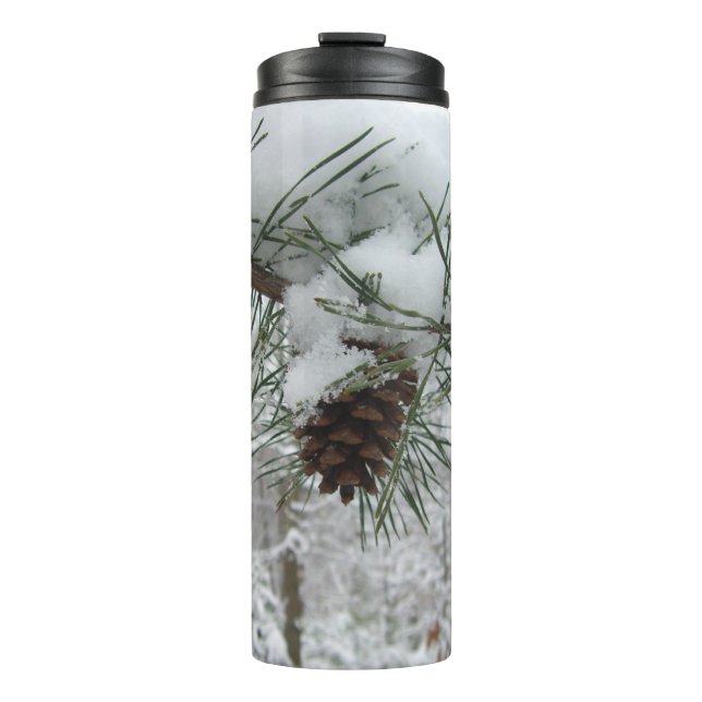 Snowy Pine Branch Winter Nature Photography Thermal Tumbler (Front)