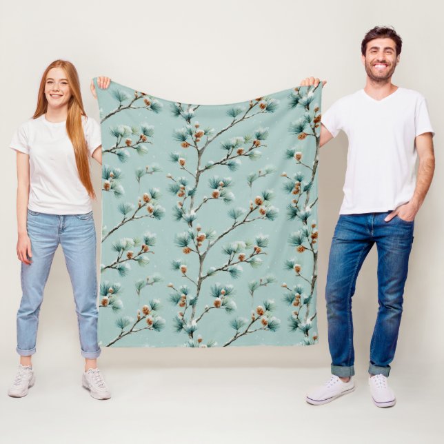 Snowy Pine Branches Winter Pattern Fleece Blanket (In Situ)