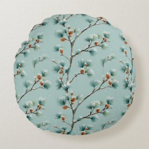 Snowy Pine Branches Winter Pattern Round Cushion