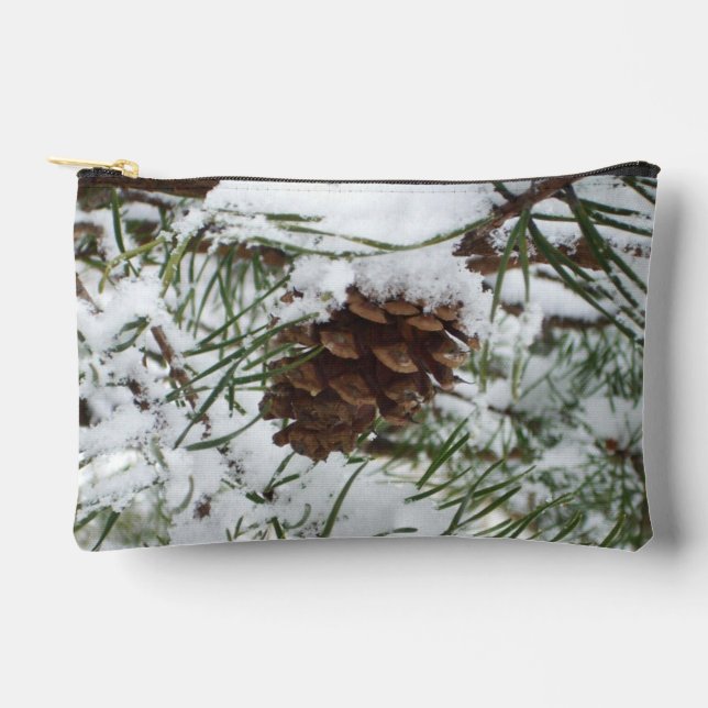 Snowy Pine Cone I Winter Nature Photography Accessory Pouch (Front)