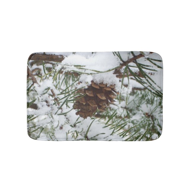 Snowy Pine Cone I Winter Nature Photography Bath Mat (Front)