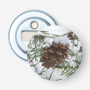 Snowy Pine Cone I Winter Nature Photography Bottle Opener