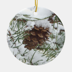 Snowy Pine Cone I Winter Nature Photography Ceramic Tree Decoration