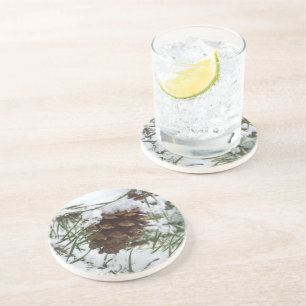 Snowy Pine Cone I Winter Nature Photography Coaster