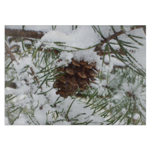 Snowy Pine Cone I Winter Nature Photography Cutting Board