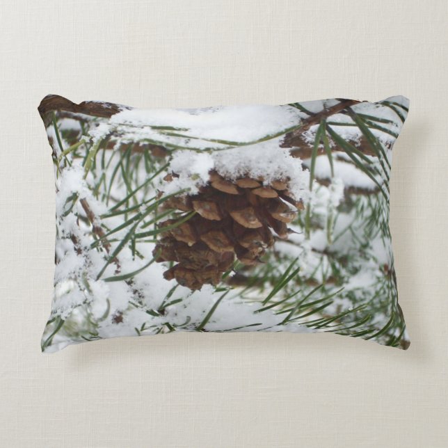 Snowy Pine Cone I Winter Nature Photography Decorative Cushion (Front)