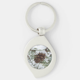 Snowy Pine Cone I Winter Nature Photography Key Ring