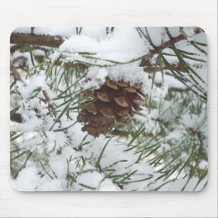 Snowy Pine Cone I Winter Nature Photography Mouse Mat