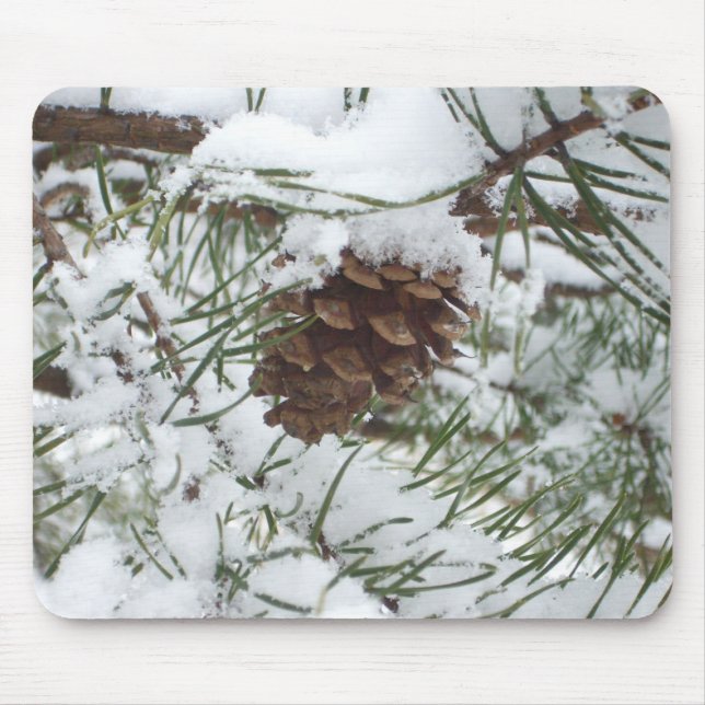 Snowy Pine Cone I Winter Nature Photography Mouse Mat (Front)