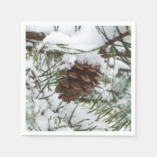 Snowy Pine Cone I Winter Nature Photography Napkin (Front)