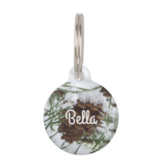 Snowy Pine Cone I Winter Nature Photography Pet Tag