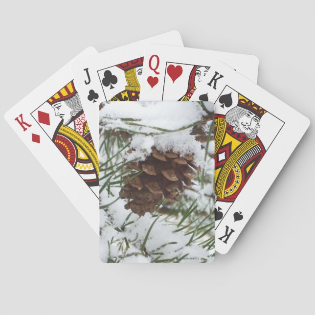 Snowy Pine Cone I Winter Nature Photography Playing Cards (Back)