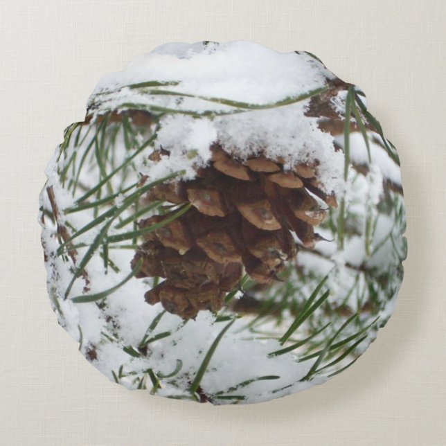 Snowy Pine Cone I Winter Nature Photography Round Cushion (Front)