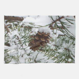 Snowy Pine Cone I Winter Nature Photography Tea Towel