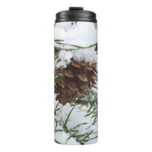 Snowy Pine Cone I Winter Nature Photography Thermal Tumbler