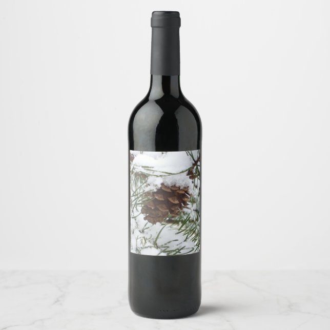 Snowy Pine Cone I Winter Nature Photography Wine Label (Front)
