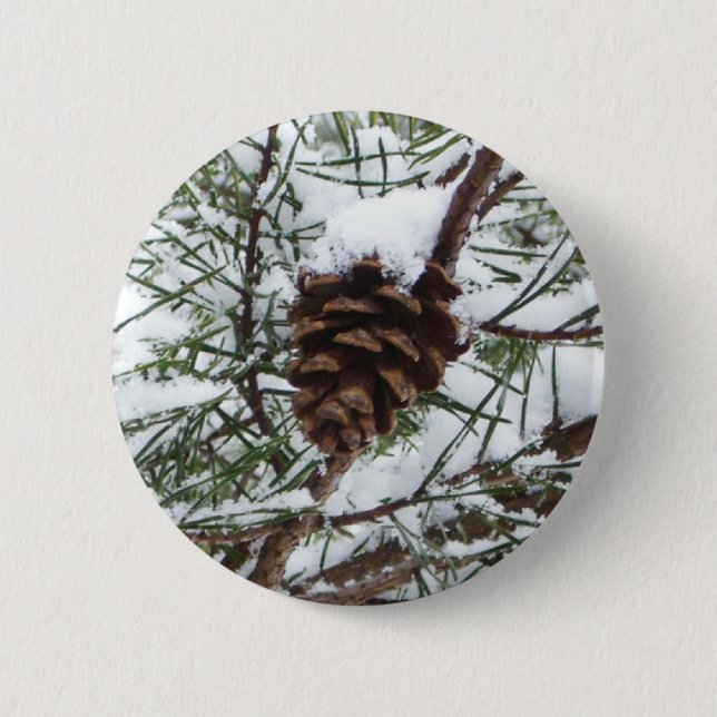 Snowy Pine Cone II Winter Nature Photography 6 Cm Round Badge (Front)