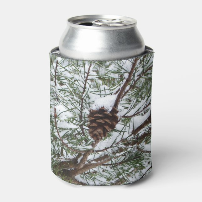 Snowy Pine Cone II Winter Nature Photography Can Cooler (Can Front)