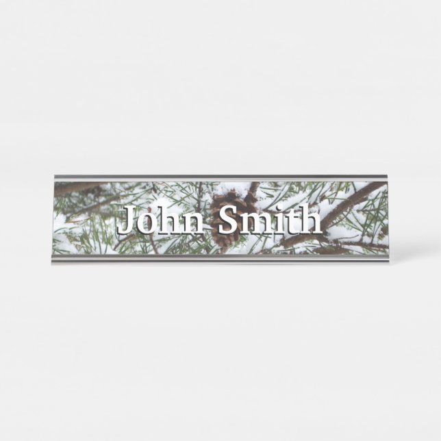 Snowy Pine Cone II Winter Nature Photography Desk Name Plate (Front)