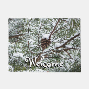 Snowy Pine Cone II Winter Nature Photography Doormat