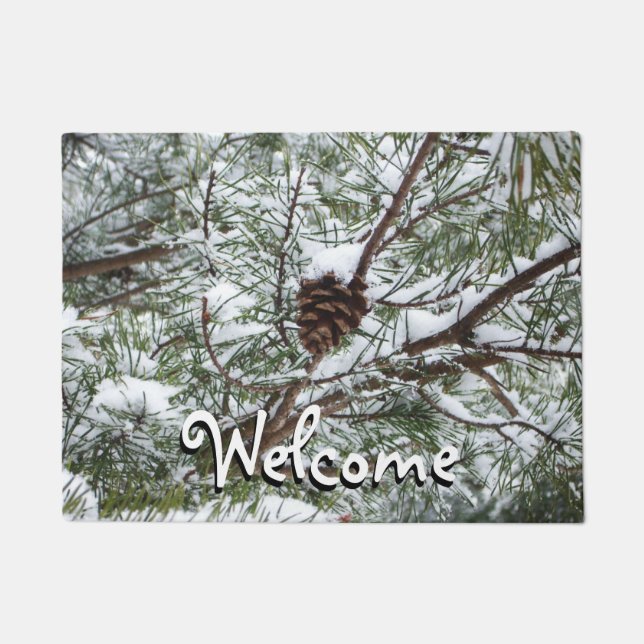 Snowy Pine Cone II Winter Nature Photography Doormat (Front)