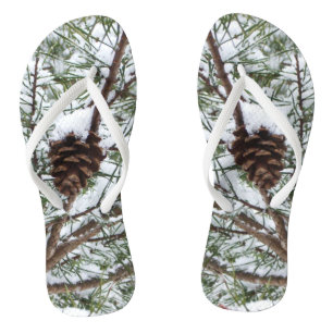Snowy Pine Cone II Winter Nature Photography Flip Flops