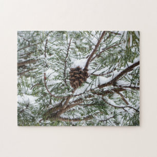 Snowy Pine Cone II Winter Nature Photography Jigsaw Puzzle