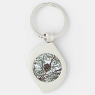 Snowy Pine Cone II Winter Nature Photography Key Ring