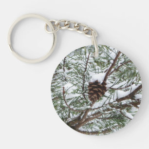 Snowy Pine Cone II Winter Nature Photography Key Ring