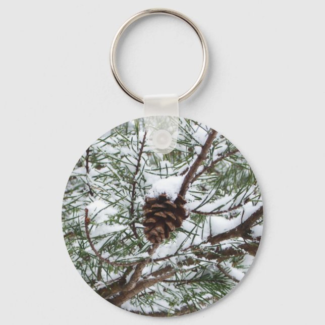Snowy Pine Cone II Winter Nature Photography Key Ring (Front)