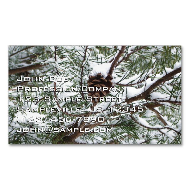 Snowy Pine Cone II Winter Nature Photography Magnetic Business Card (Front)