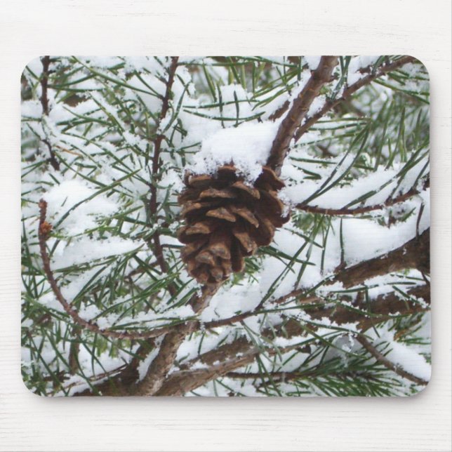 Snowy Pine Cone II Winter Nature Photography Mouse Mat (Front)
